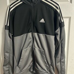 adidas Black and Gray Two-Tone Hooded Track Jacket with White Stripes